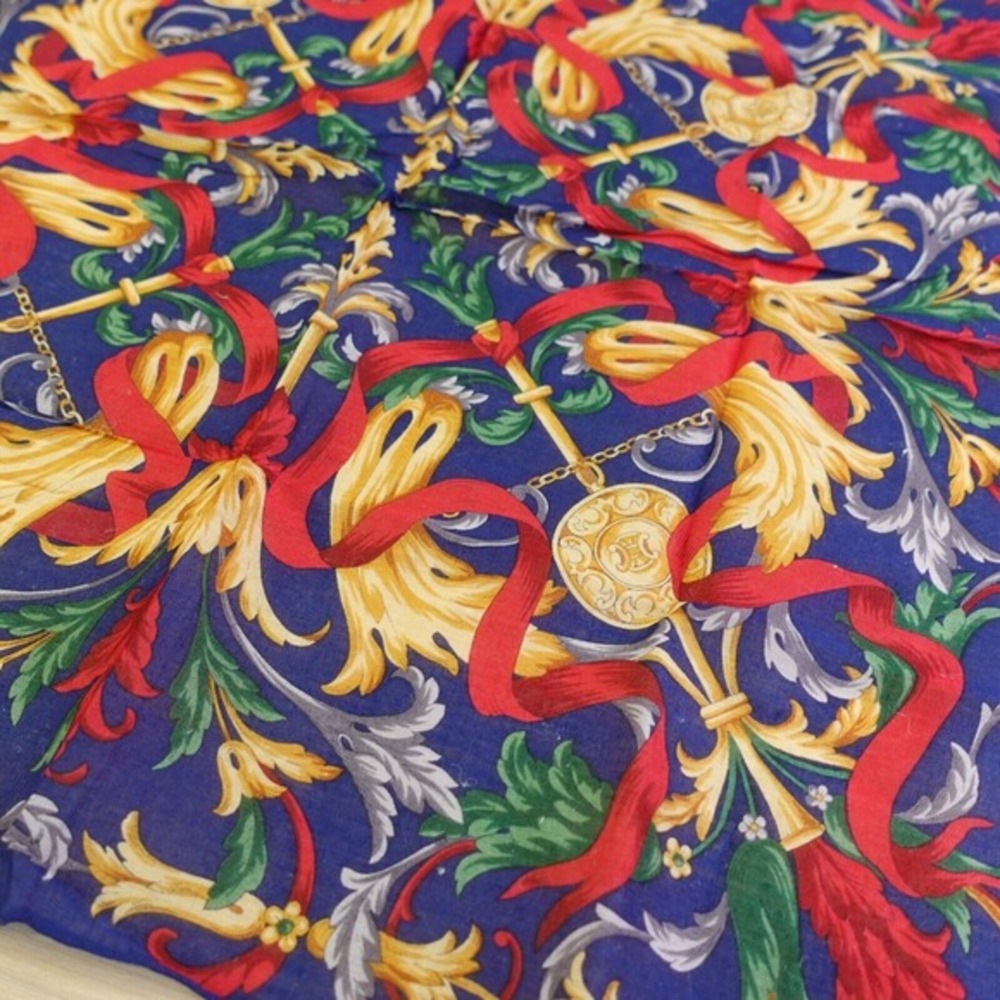 Vintage CELINE Paris Handkerchief Blue Gold‎ Medallion Arabesque AUTH Luxe 17x18 - Picture 10 of 12